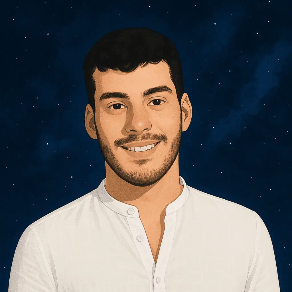 איור של גבר צעיר עם שיער כהה קצר וזקן, מחייך ולובש חולצה לבנה עם כפתורים, על רקע שמי לילה עם כוכבים.