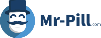 לוגו עבור Mr-Pill.com הכולל דמות גלולה לבנה עם שפם, כובע צילינדר ופנים מחייכות, הממוקם ליד הטקסט "Mr-Pill.com" באותיות כחולות מודגשות על רקע לבן.