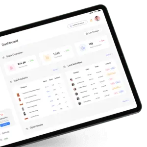 טאבלט מציג לוח מחוונים עסקי שעוצב לפי עקרונות עיצוב חווית משתמש (UX), המציג מדדי סקירת חנות, מוצרים מובילים, פעילויות אחרונות וסטטיסטיקות של לקוחות חדשים - הכל מוצג בממשק נקי ומינימליסטי.