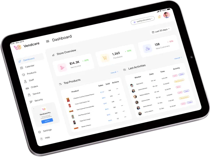 טאבלט מציג לוח מחוונים למכירות המתמקד בחוויית משתמש (UX) עם סקירת חנות, מוצרים מובילים, פעילויות אחרונות ותפריט שמאלי הכולל אפשרויות כמו לוח מחוונים, לוח שנה, מוצרים, צוות, הזמנות, שירות והגדרות.
