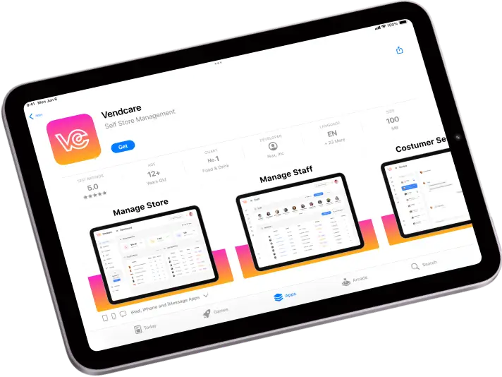 טאבלט מציג את דף האפליקציה של Vendcare בחנות אפליקציות, תוך הדגשת תכונות ממוקדות חוויית משתמש כמו ניהול חנות, ניהול צוות ושירות לקוחות, כאשר צילומי מסך ואפשרויות הורדה של עיצוב חווי משתמש נראים בבירור.